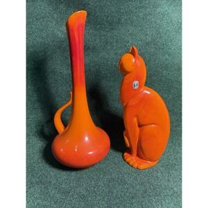 Royal Haeger MCM Pottery Orange Winking Cat‎ Statue + Vase Green Eye Figurine